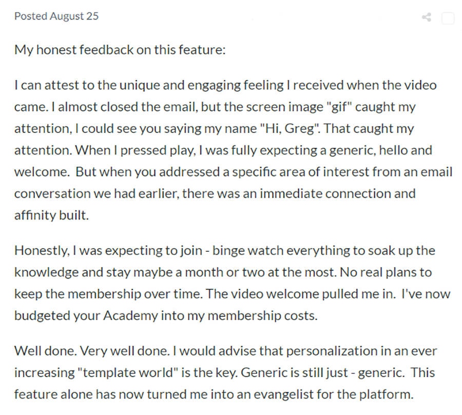 A member gives their feedback on a video send to them with a personal touch.